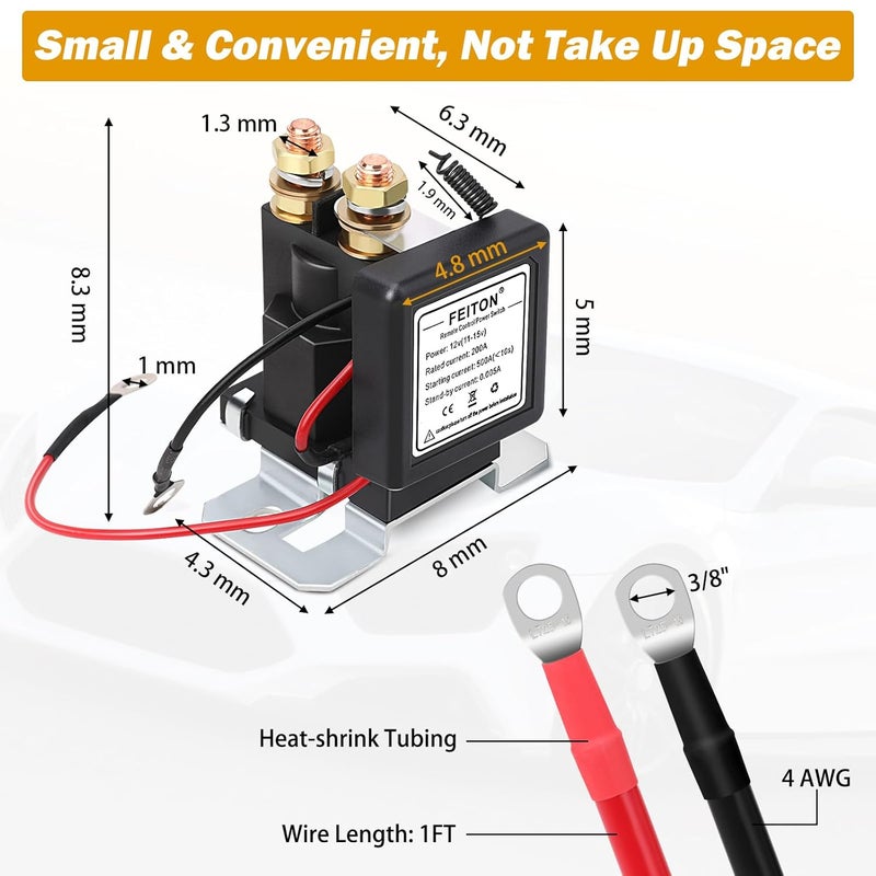 FEITON 500A Starting 200A Rated Wireless Battery Disconnect Switch & 4 AWG 1FT Battery Cables Set, Remote Kill Switch for Car Truck DC12V Anti-Theft Prevent Battery Drain Battery Switch Isolator On Off - Image 2